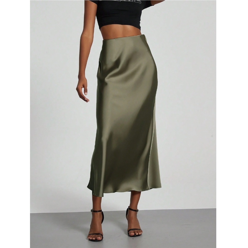 Green Satin A-Line Skirt High Waisted Long